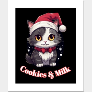 Cookies & Milk - Christmas Cat - Winter Holiday Graphic Quote Posters and Art